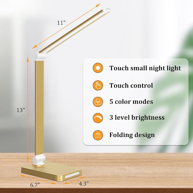 LED Desk Lamp with USB Ports,Touch Desk Lamps for Home Office with 5 Modes | 3 Brightness Desk Light with Small Night Light,Reading Lamp Table Lamp for Bedroom Bedside Study Gold （with adapter）