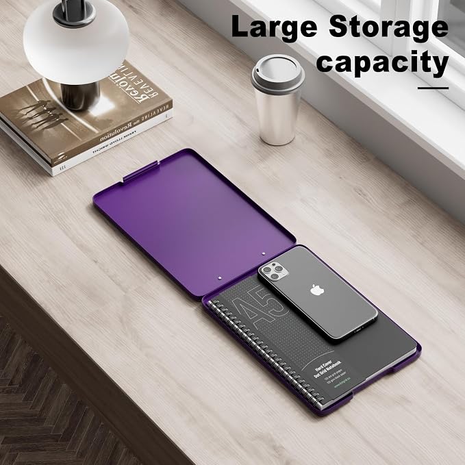 Hongri A5 Clipboard with Storage, Metal Retractable Pen Holder, Dark Purple | 6 x 9'' Nursing Plastic Foldable Clip Board, Size 9.4 x 6.1 x 0.9 in, Menu Box for Work, Office & School Supplies