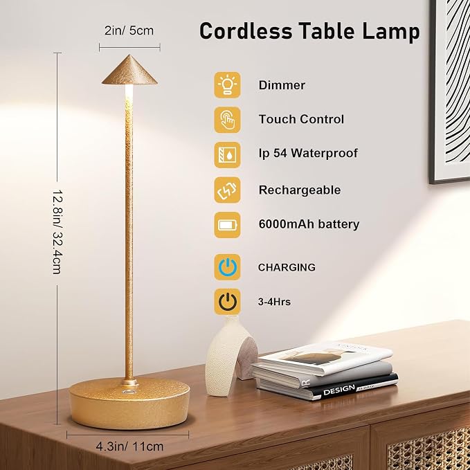 2P Cordless Rechargeable Led Table Lamp Battery Operated Light CHMP Gold | Ice Crackle Finish Champagne Gold Touch 3 Color Dimming Portable Metal Outdoor Waterproof Light for Patio/Restaurant/Dining
