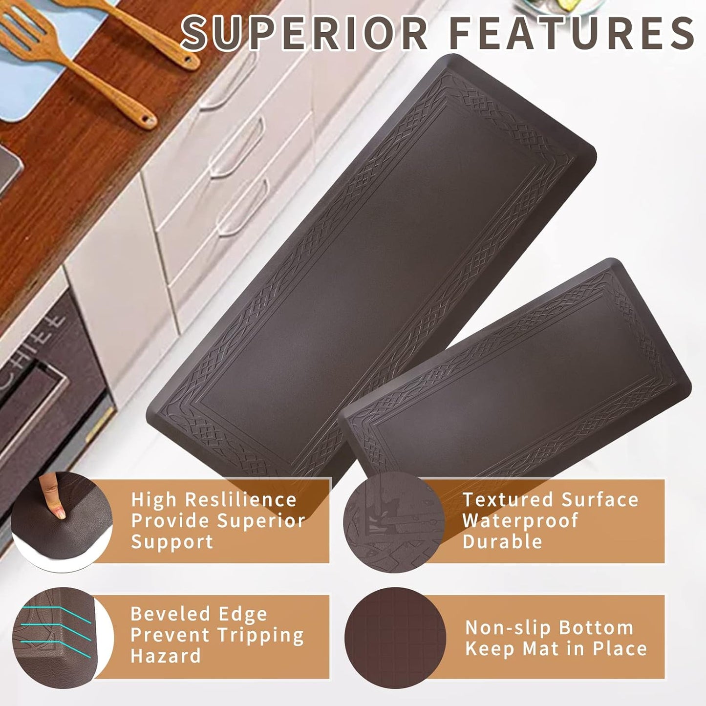 24 x 60 Inch Extra Support Anti Fatigue Comfort Kitchen Mat, Waterproof Long Kitchen Runner, Non-Slip Standing Desk Mat, Commercial Pads for Offices, Home, Garages (Bordeaux Coffee, 24'' x 60'')