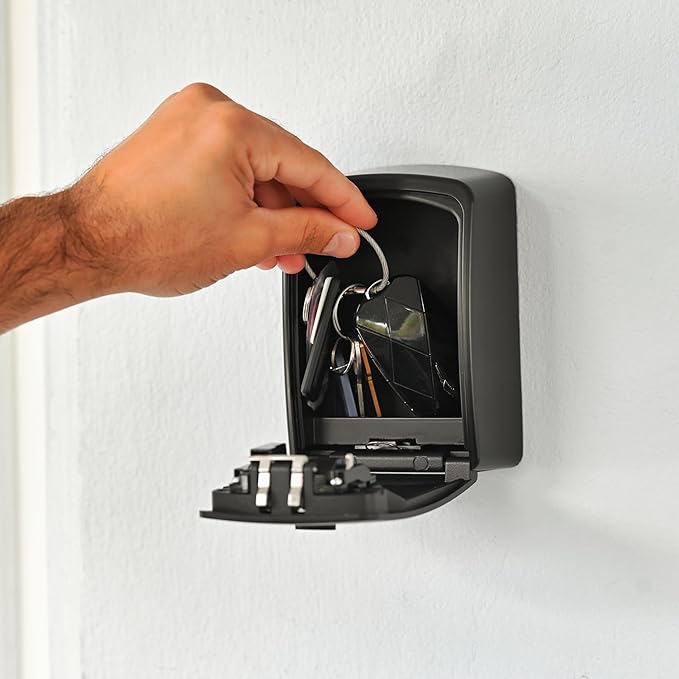 Iron Lock® XXL Wall Mount Key Lock Box, Outdoor Combination Code (Black) | Fits 20-30 spares plus fobs & cards; unique built-in tray so keys don't fall out; dial cover; screws & anchors included