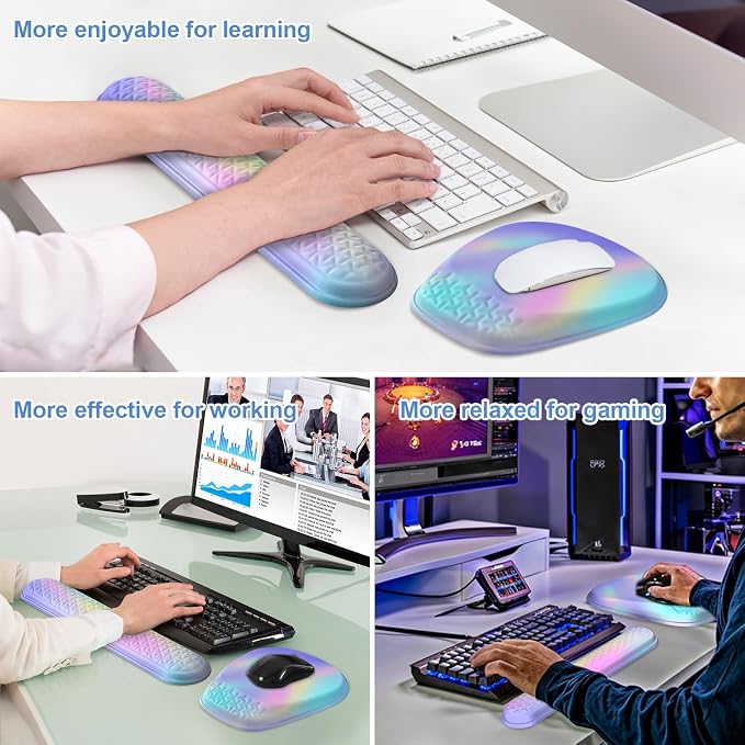 Ergonomic Mouse Pad with Wrist Rest, Memory Foam Support for Office | Sloped Ergonomic Design, Bumpy Massage Beads, Non-Slip PU Base, for Typing & Gaming, Gradient Blue Pink