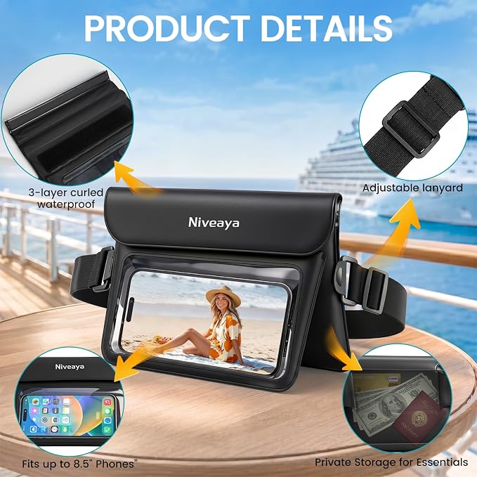 Niveaya 2 Pack Waterproof Fanny Pack for Women Men, IPX8 Waterproof Pouch Dry Belt Bag for Beach, Kayaking, Swimming, Double Space Touchscreen & Photography,Boat Travel Essentials
