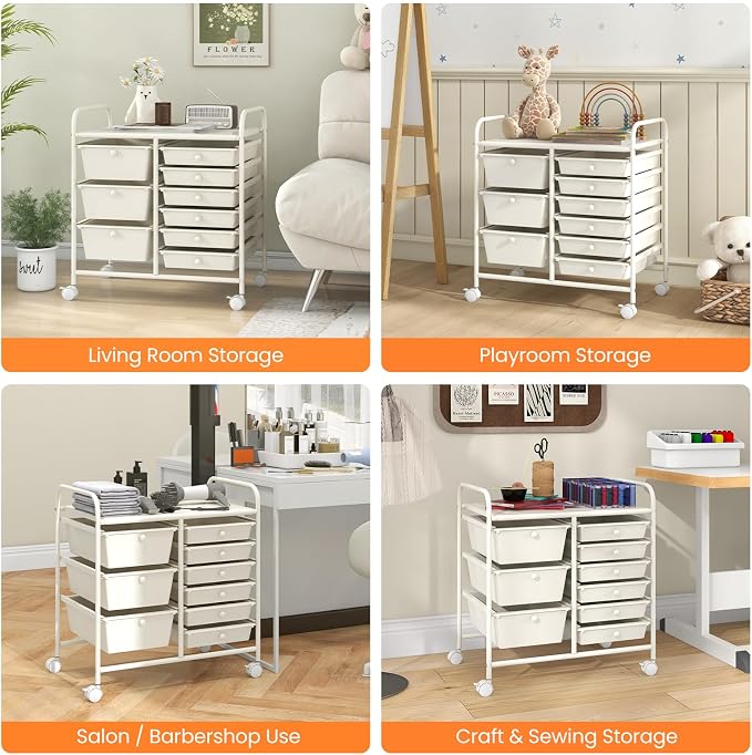 COSTWAY Rolling Storage Cart with 9 Drawer, Utility Cart with Metal Frame | Mobile Art Supply Craft Organizer, Multipurpose Storage Organizer for Paper, Office, School Teacher, Classroom, White