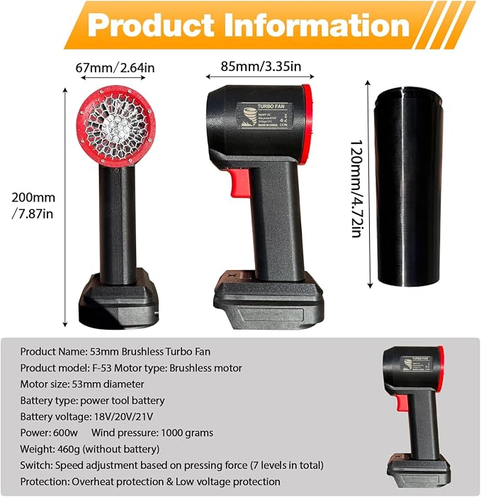 Thrust 1kg，Electric Cordless Leaf Blower,Handheld Electric Leaf Blower, Mini Jet Dry Blower ，Large car Dryer air Blower Turbo Fan，for Lawn, Leaves, Car, Home (for dewalt batteris【no batteris】)