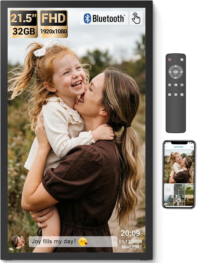 BSIMB Large Digital Picture Frame 21.5 Inch, Touchscreen 1920x1080 FHD 32GB WiFi Digital Photo Frame Electronic Remote Control, Share Pictures/Videos via App/USB/SD Easy Setup Gifts for Mom, Black