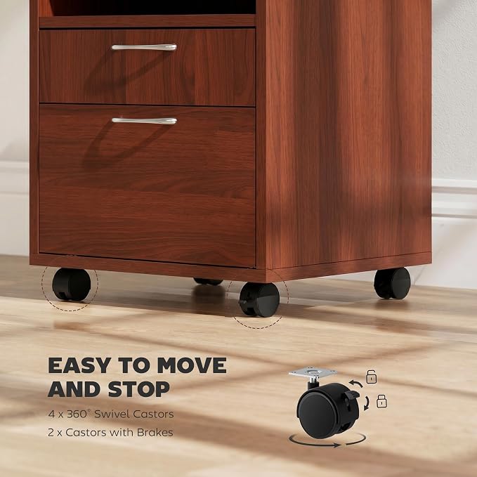HOMCOM Mobile Storage Cabinet Organizer, Bathroom Drawer Cabinet, Brown | Printer Stand, Castors