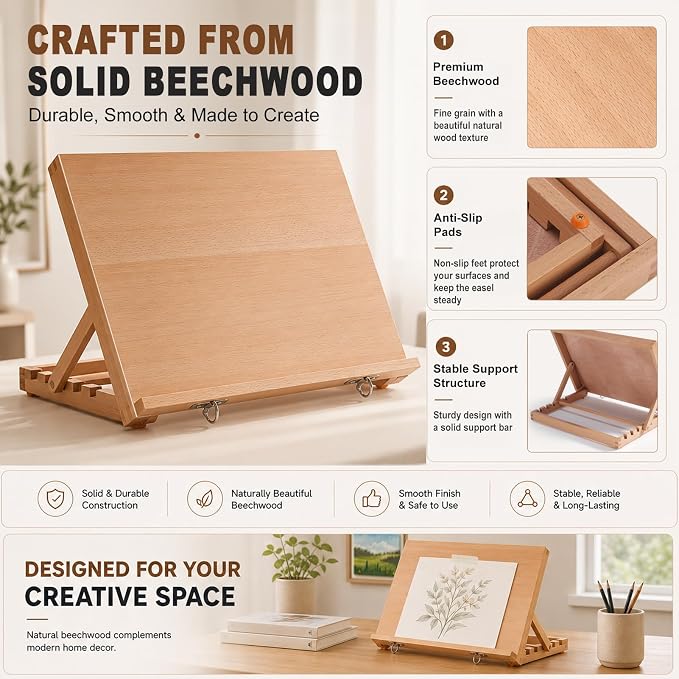 16.5"x12" Beechwood Tabletop Easel with Paint and Sketch Papers,Mask Tape | Portable Adjustable Art Easel with Detachable Strap, Drawing Board for Painting, Sketching and Diamond Art