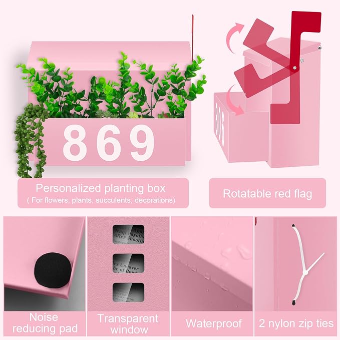 Wall-Mount Mailbox with Flag, Large Capacity Mailboxes for Outside House with Planter & 3 Sets of 0-9 Mailbox Number Stickers, Galvanized Steel Rust-Proof Post Box Metal Mail Box (Pink)
