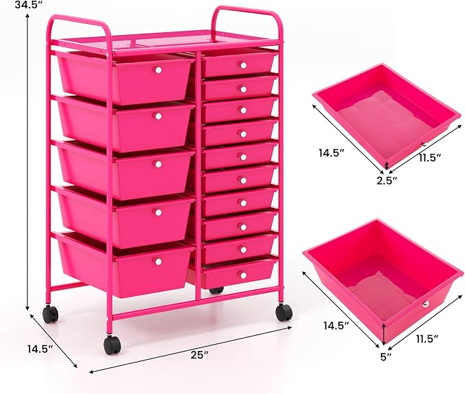 RELAX4LIFE 15-Drawer Storage Drawer Carts - Mobile Rolling Utility Cart w/Wheels, Craft Organizer for Classroom Organization and Storage, School, Office, Home, Storage Organizer Cart