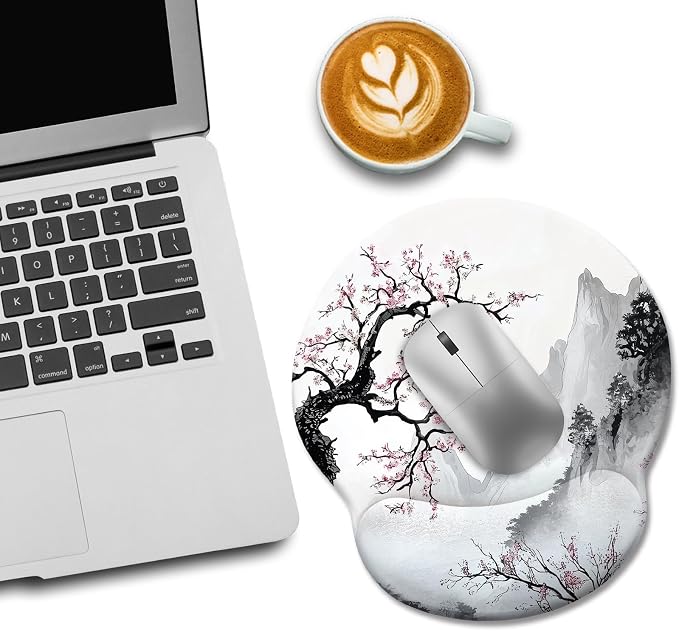 LIMKRIAN Japanese Ergonomic Mouse Pad with Gel Wrist Rest, 9.8 x 8.6 in | Non-Slip PU Base, Smooth Surface, Cooling Gel Eases Wrist Pain, Comfort Wrist Support Computer Office Desk Accessories Decor