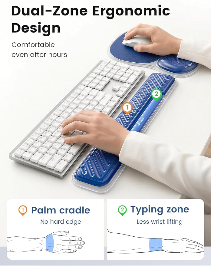 Vaydeer Ergonomic Gel Keyboard Wrist Rest and Mouse Pad with Wrist Rest Set | Cooling Gel Wrist Support for Comfortable Typing, Gaming and Remote Work with Non-slip Base for Stable Desk Use, Blue