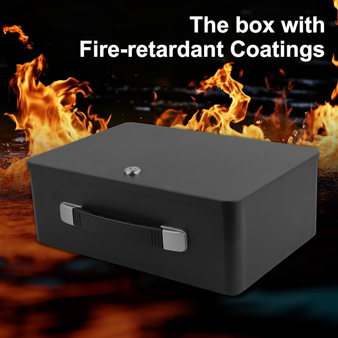 Fireproof Document Box with Key Lock, Portable Metal Safe Box with Carrying Handle to Secure Money, Jewelry, Document, Passport, Size 12.7 x 8.7 x 4.6 Inch