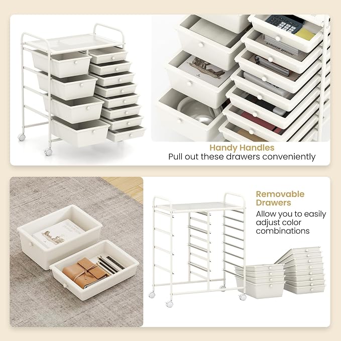 12 Drawer Rolling Storage Cart, Rolling Cart with Drawers for Classroom, Art Supply Craft Organizer on Wheel with Metal Frame & Handles for Home Office School (White, 12 Drawer Left-Right)