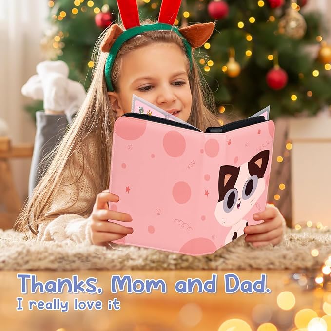 Premium 4 Pocket Trading Card Binder,400 Capacity with 50 Removable Sleeves | PU Leather Zipper Album Book for Sports Cards, Game | Card Storage & Organization for Girls Collector Orange Pink