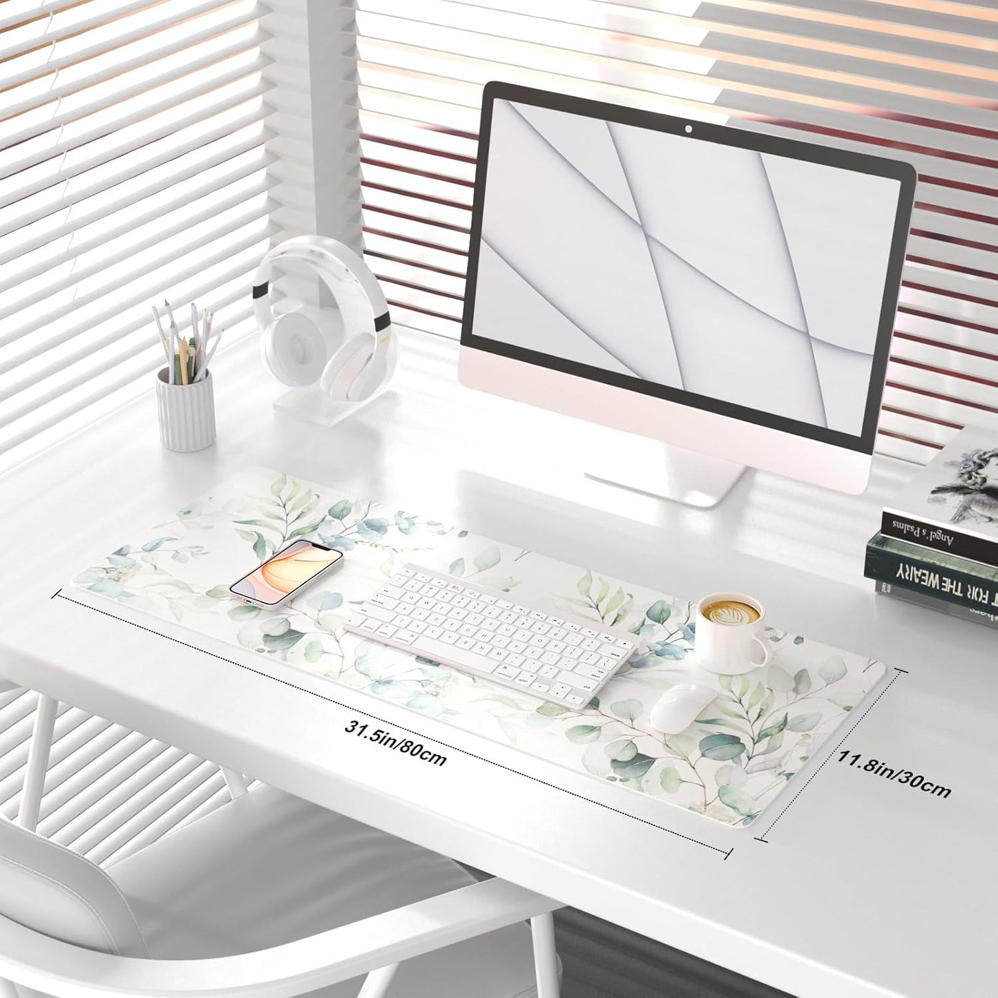 QIYI Large Mouse Pad, Cute Green Leaves Desk Mat for Desktop, Women Girls Office Décor Desk Accessories, PU Leather Waterproof Gaming Mousepad, Eucalyptus Leaf Desk Pad Computer Mat, 31.5" x 11.8"