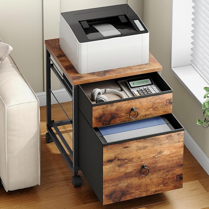 HOOBRO File Cabinet, 2-Drawer Vertical Mobile Office Cabinet, Rolling Printer Stand, for A4/Letter Size Files, Nonwovens Drawer, for Home Office, Rustic Brown BF21WJ01