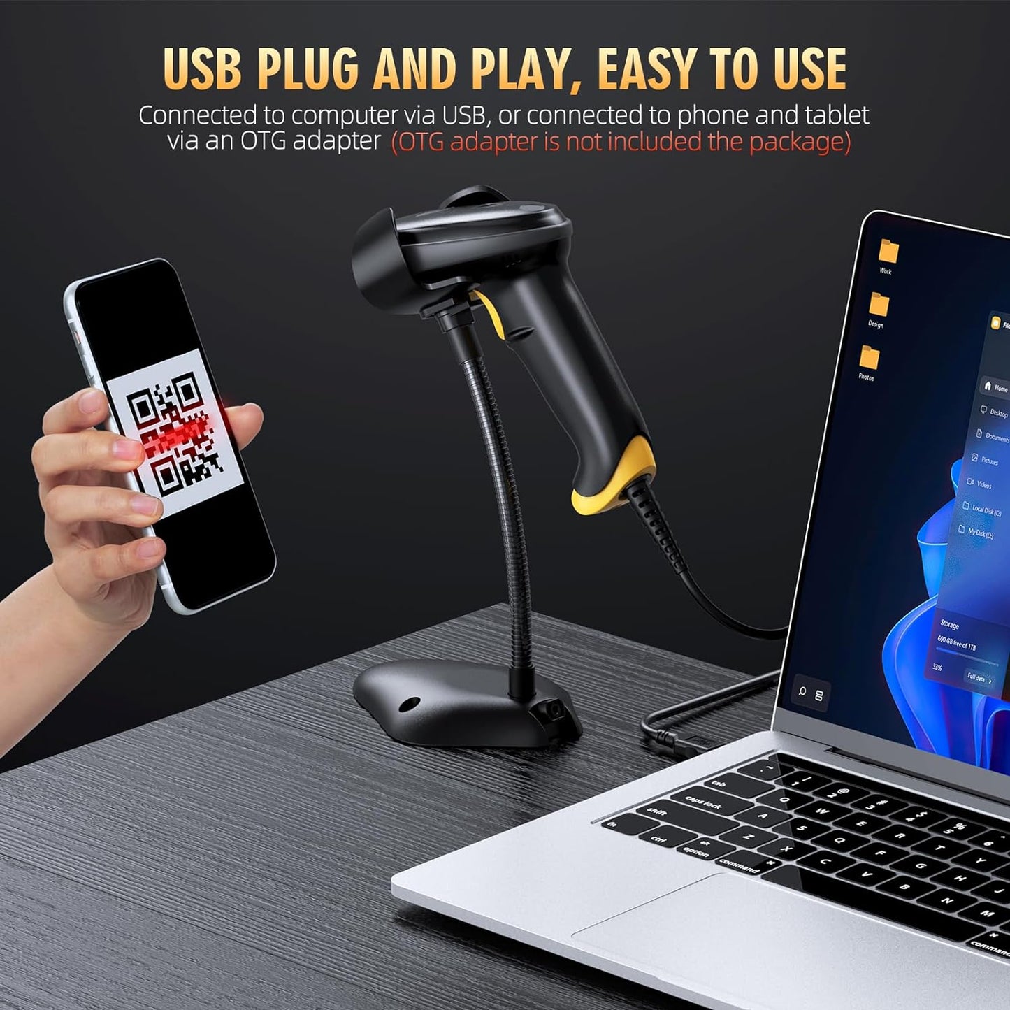 TEEMI 2D Barcode Scanner with Smart Stand USB Wired Handheld Automatic QR Data Matrix PDF417 OCR bar Codes Imager Global Shutter Computer Screen Scan for Windows Mac and Linux PC POS, Stand Included