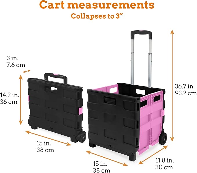Ultra-Slim Rolling Collapsible Storage Pack-N-Roll Utility-carts, with Telescopic Handle, for Home, Garden, Shopping, Office, School use, Medium, Pink & Black