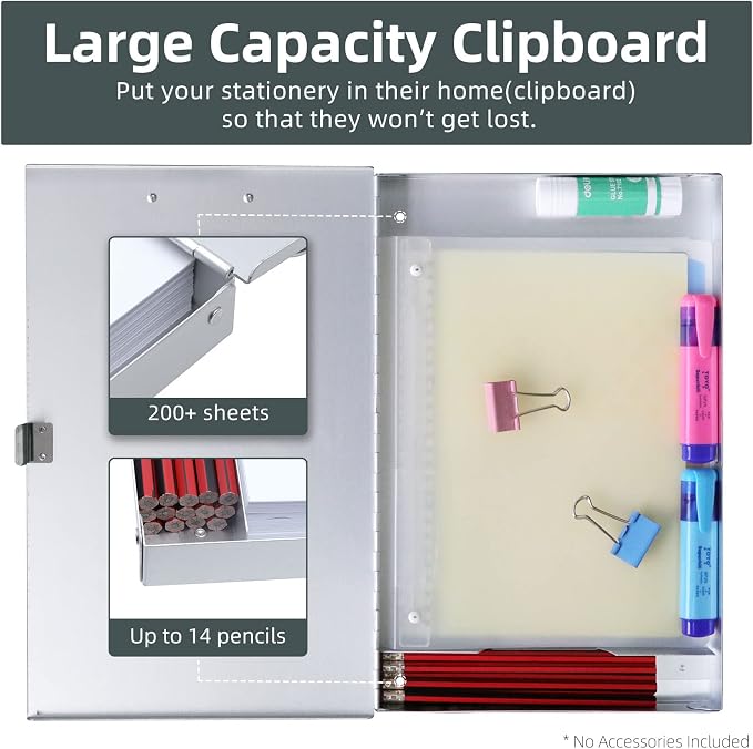 Sunnyclip Metal Clipboard with Storage,Letter Size Form Holder,Side Opening Portfolio Aluminum Metal Binder with High Capacity Clip Posse Box - Surface for Legal Size Paper, for Office Business