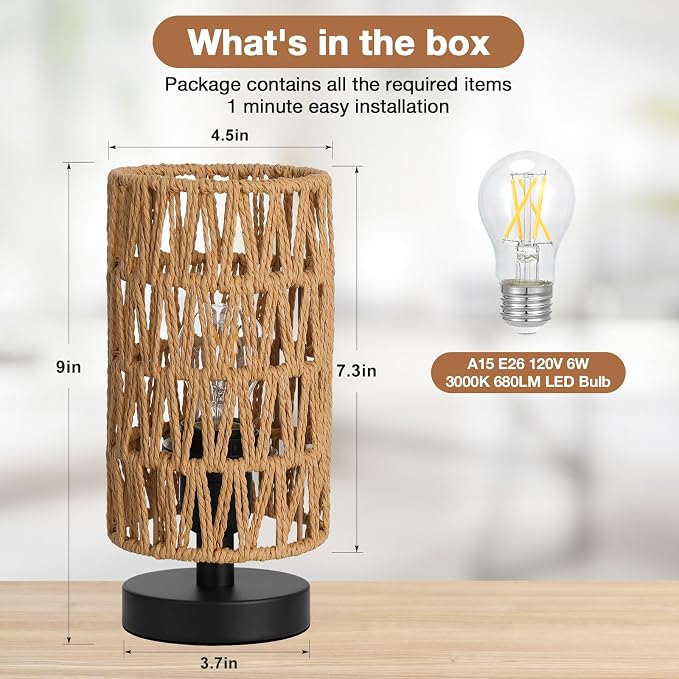 Table Lamps (Rattan Rope Shade - Black Base, 9" Inline Control) | 3000K LED Blub Included | 680 Lumens | Easy Assembly | Minimalist Design | E26 | for Kitchen | for Kids Room