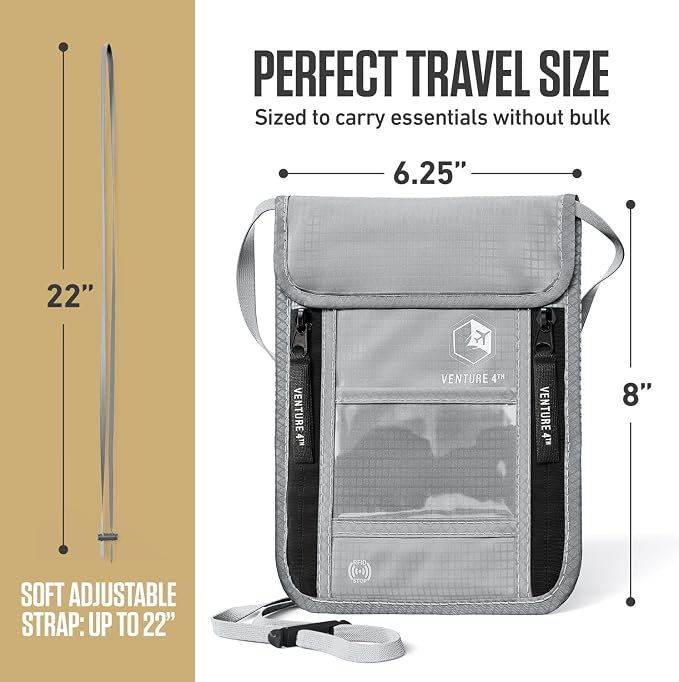 VENTURE 4TH Travel Neck Wallet, RFID Blocking Passport Holder - Silver