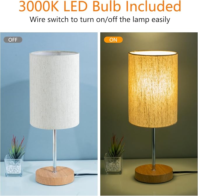 RISLG 2 Pack Small Table Lamps, Bedside Lamps for Nightstand with Wire Switch, Modern Minimalist Desk Lamp with Linen Fabric Shade for Dorm Kids Room Living Room Office Bedroom, Bulb Included-L