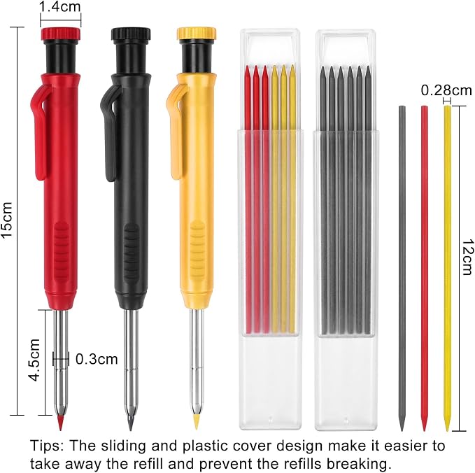 MECHEER 3 Pack Carpenter Pencils Mechanical Pencils with 36 Refills, Construction Pencils with Built-in Sharpener, Long Nib Deep Hole Heavy Duty Woodworking Pencil Marker for Architect (3 Colors)