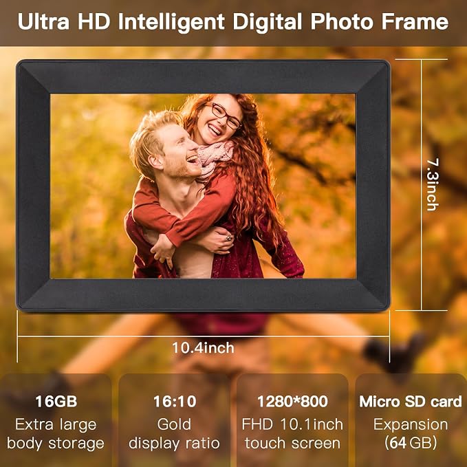 Digital Picture Frame, 10.1 Inch Digita Photo Frame WiFi, 1280x800 IPS HD Touch Screen 16GB Storage Space,Wall-Mounted,Auto-Rotate, Instantly Share Photos/Videos via App,Black