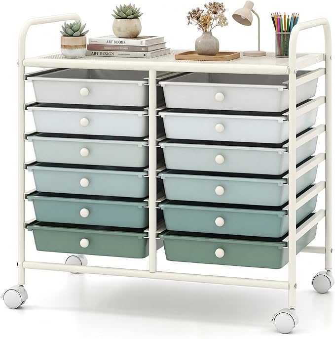 COSTWAY 12-Drawer Rolling Storage Cart, Utility Storage Organizer Cart | For Tools, Scrapbook, Paper, Craft, Multipurpose Art Supply on Wheels for Home Office School, Teacher, Green Gradient