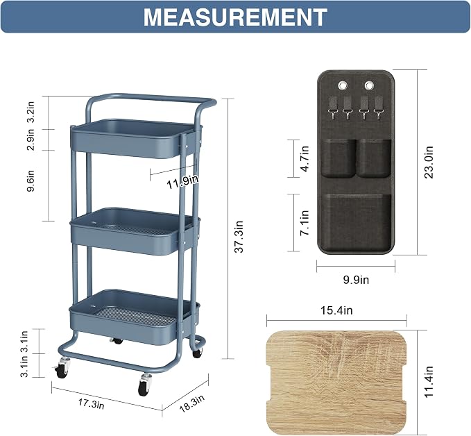 DTK 3-Tier Rolling Cart with Table Top, Metal Utility Cart with Side Bags | Tray Storage Organizer, Lockable Wheels, 4 Hooks, Art Cart for Kitchen, Bathroom, Office, Craft room, Living room, Blue