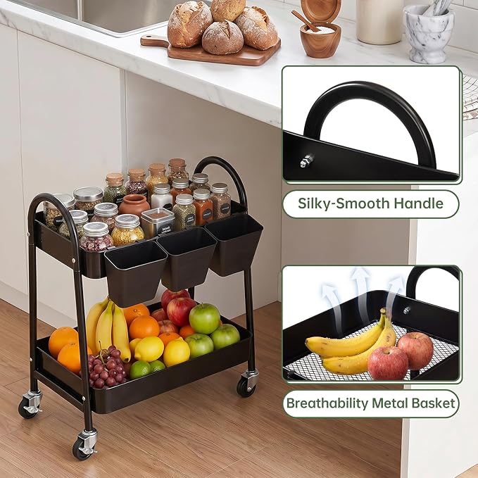 2-Tier Rolling Cart, Utility Cart Mobile Metal Rolling Storage Cart with Lockable Wheels & Hanging Cups & Hooks for Kitchen, Bathroom, Office, Workshop, Purple