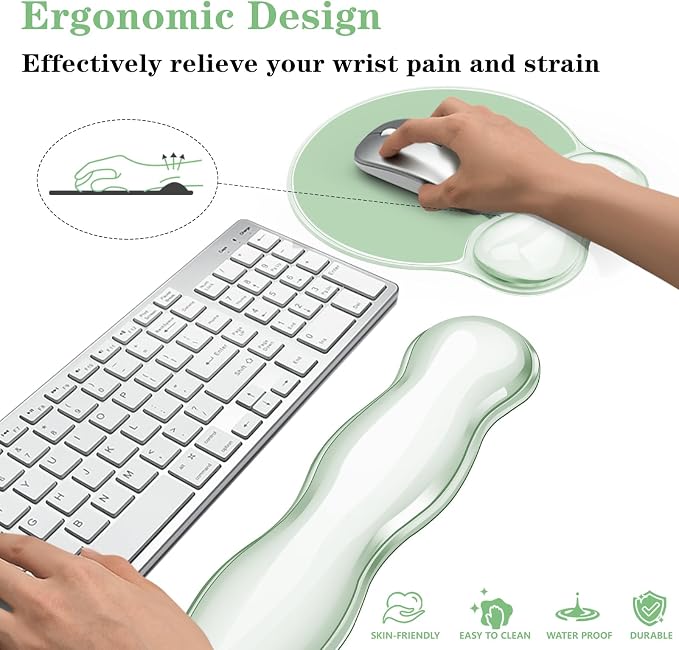 Gel Wrist Rest for Keyboard and Mouse Pad Set - Clear Green | Ergonomic Cute Computer Keyboard Wrist Pad Support for Pain Relief, Non-Slip Desk Accessories for Office and Home