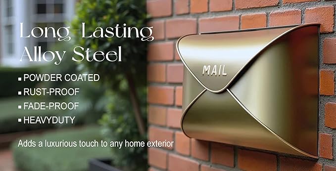 NACH Wall Mount Mailboxes, 12.5 x 10 x 5 inch Gold Finish Wall Mailboxes for Outside, Waterproof Mailboxes for Outside - Envelope Mailbox
