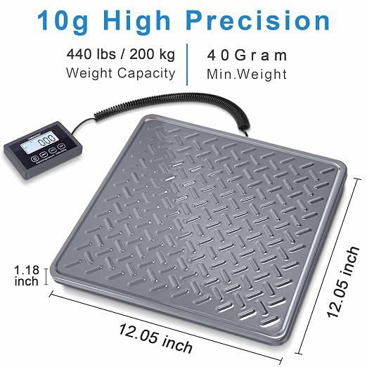 THINKSCALE Shipping Scale, 440 lb x 1 oz Heavy Duty Digital Postal Scale | Alloy Steel Platform with Hold, Tare & Backlit LCD, Package & Luggage Scale, Battery & AC Adapter Included