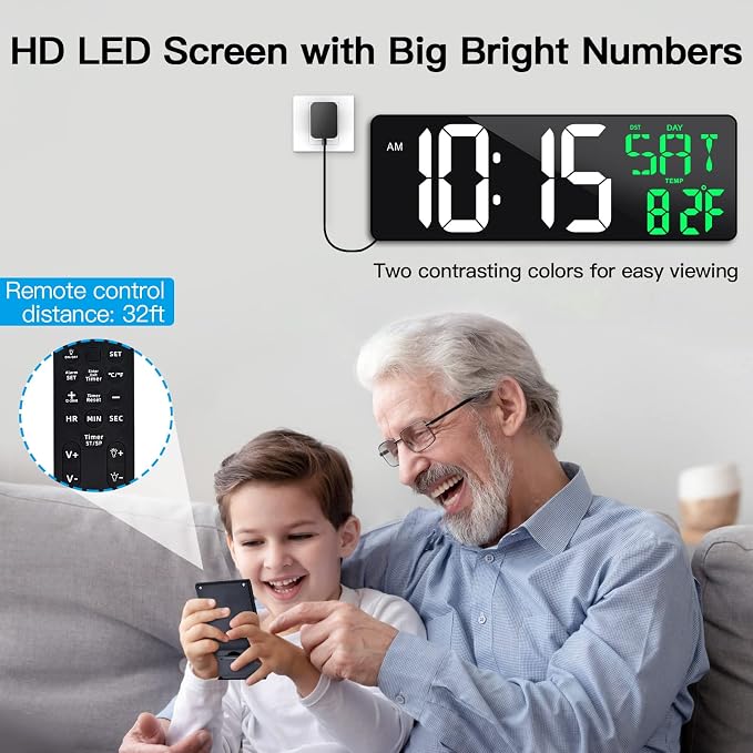 17 Inch Large Digital Wall Clock with Remote Control, Automatic Brightness Dimmer Digital Wall Clock Large Display with Day/Date/Temperature, Snooze, Count Up & Down Timer for Living Room, Office, Gym