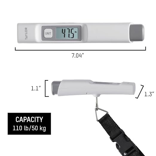 Taylor Kinetic Powered Digital Luggage Scale, 110 lb Capacity, No Batteries Required, Lightweight Travel Scale with Durable Nylon Strap and Clip, Portable Suitcase Weight Checker for Travelers, White