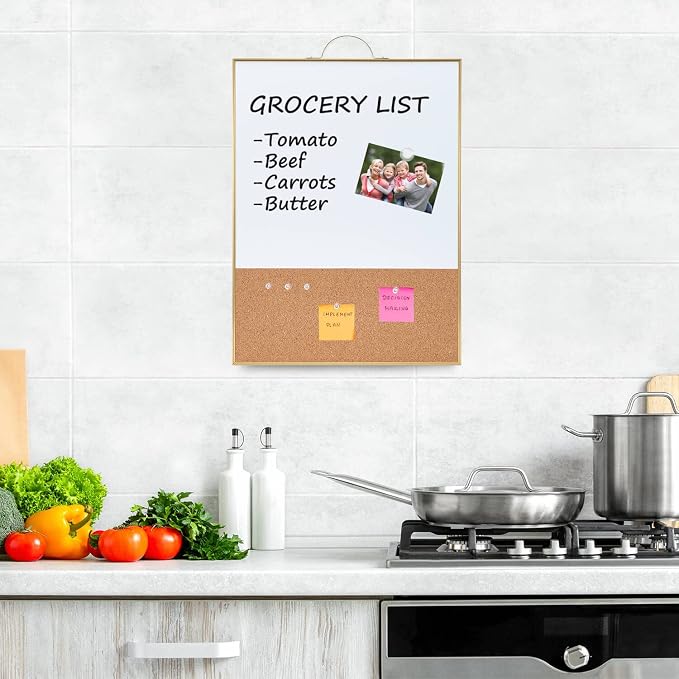 Small Combination Board - 16" X 12" Portable Aluminum Gold Framed Magnetic Dry Erase Board for Wall, Small Bulletin Cork Board with Holder for Office, Home and School