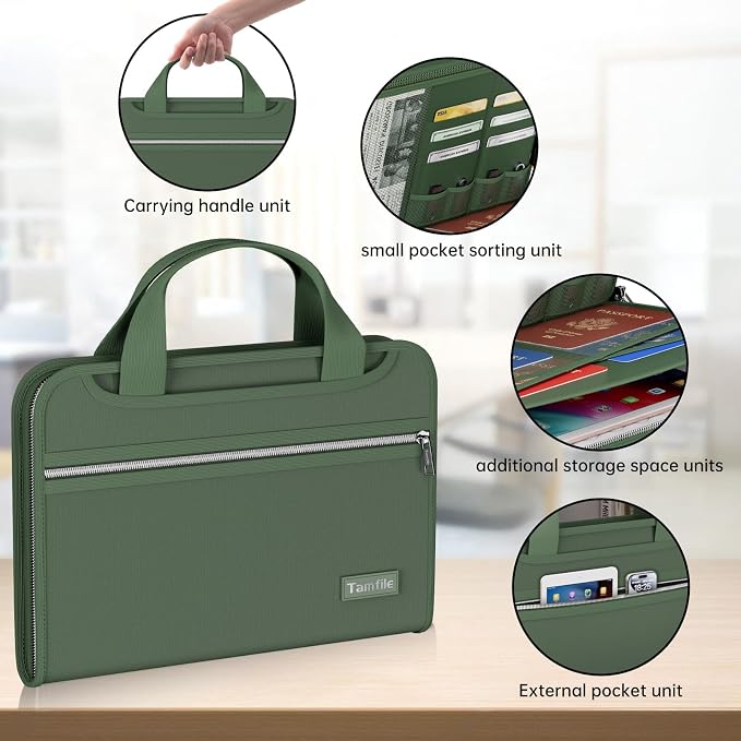 Tamfile Fireproof Accordion File Organizer, Expanding File Folder, Green | 13 Pocket Colorful, Handle, Zipper & Labels, Multi-Pockets Paper Organizer, for Letter A4 Files, Home, Office, School
