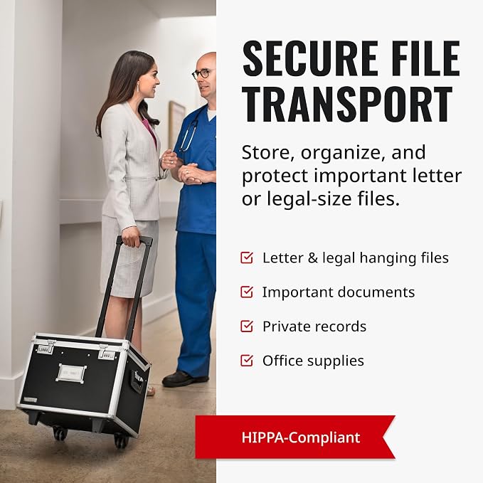 Vaultz Portable File Box with Handle - Dual Lock File Boxes with Lids, Letter & Legal-Size Hanging Folders, Laptop Sleeve - HIPAA Compliant Portable Safe Storage Box, 14.5" x 17.5" x 15.5" | Fits letter and legal hanging folders, includes a laptop slee...