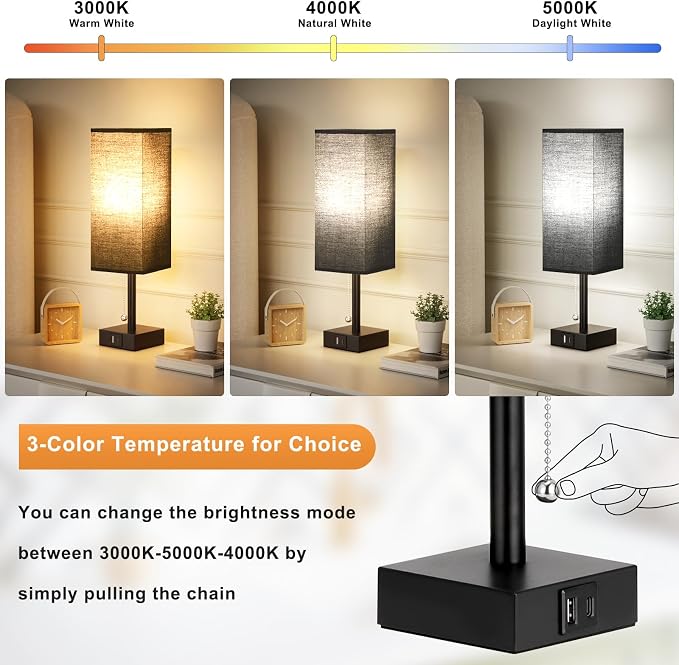 Set of 2 Black Bedside Table Lamps for Bedroom - Nightstand Lamp, USB C+A | Pull Chain Lamp, 3 Color Modes(3000K/4000K/5000K), E26 LED Bulb Included, Square Black Fabric Lampshade, for Read, Work, Dorm