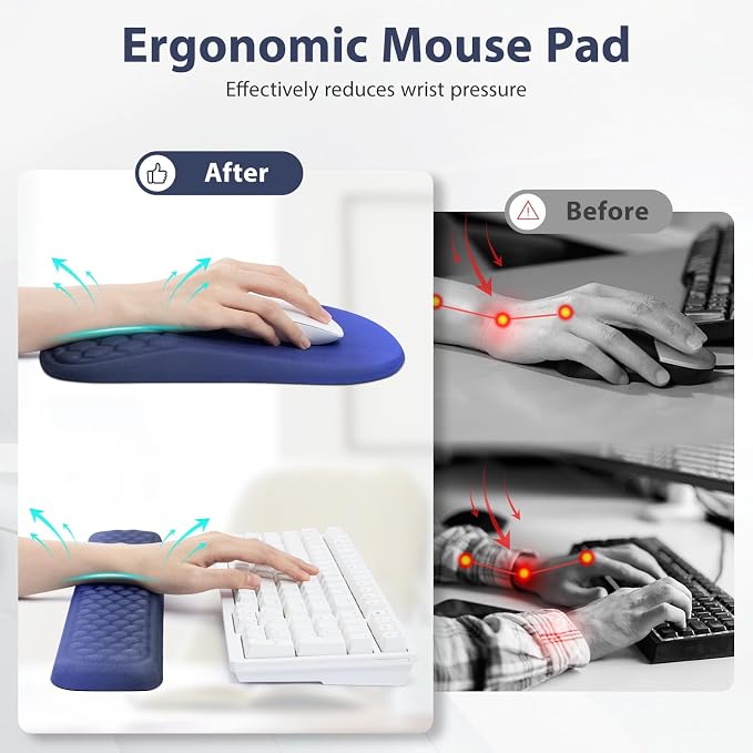 EYROZILL 3 in 1 Ergonomic Mousepad with Wrist Rest, Gaming Keyboard Mouse Pad with Wrist Support Non-Slip Base Massage Design, Pain Relief (Blue/Black)