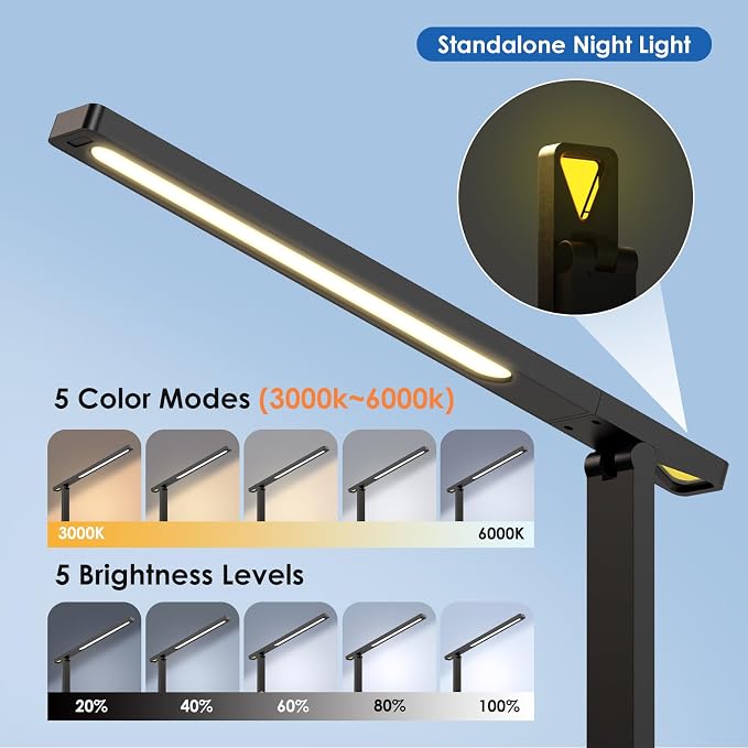 Infiway Desk Lamp with USB Charging Port: LED Stepless Dimmable Eye Caring Desk Light for Home Office - 1 Type-C, 1 USB-A Charging Port, 2 AC Power Outlets, Multiple Light Modes for Study and Bedroom