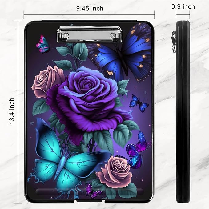 Plastic Storage Clipboard with Low Profile Clip, Heavy Duty Foldable, Coaches Clipboard Case for Work, Teacher, Office, School Supplies, Blue Pink Roses Butterfly