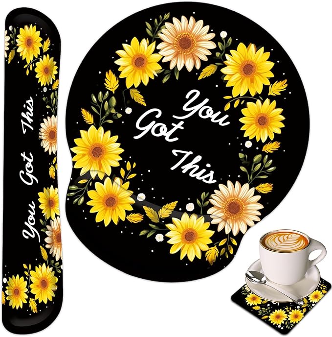 Keyboard Wrist Rest and Mouse Wrist Rest Pad with Cup Coaster,Made of Memory Foam,Ergonomic Support,Easy-Typing and Pain Relief,for Gaming Office Home Computer,You Got This Sunflower