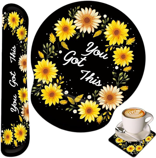 Keyboard Wrist Rest and Mouse Wrist Rest Pad with Cup Coaster,Made of Memory Foam,Ergonomic Support,Easy-Typing and Pain Relief,for Gaming Office Home Computer,You Got This Sunflower