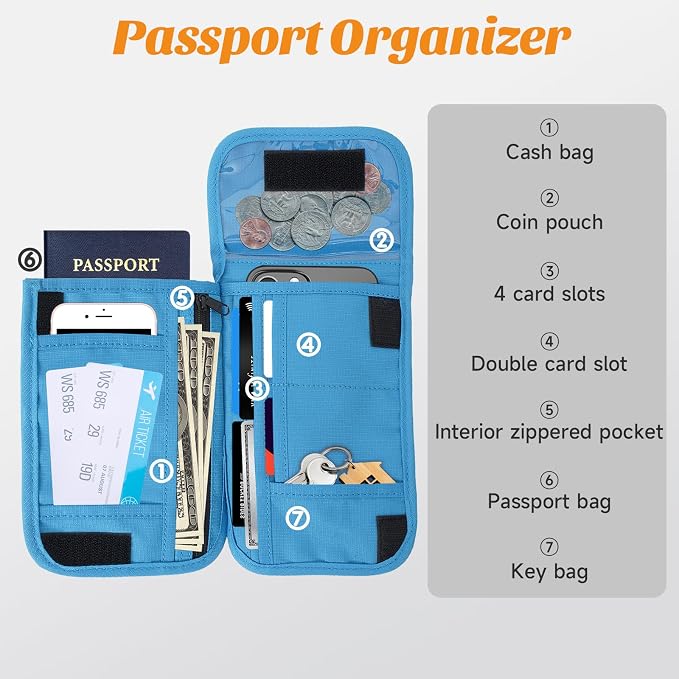 Neck Wallet & RFID Blocking Passport Holder for Travel – Waterproof Hidden Travel Wallet with Card Slots, Adjustable Strap, Portable Document Organizer for Men, Women (Gift) Sky Blue