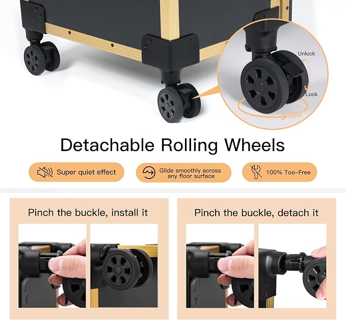Rolling Portable Manicure Table with 3 Drawers, Lockable Makeup Train Case with Detachable Mirror, Foldable Nail Desk with Wheels & Handle, Mesa de Uñas Profesional para Nail Techs & Salon Use, Gloden