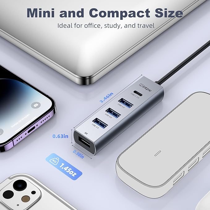 intpw USB C to USB A Hub 5 Ports Type C Hub USB 3.0 5Gbps Aluminum Adapter Multiport USB C Hub for Laptop, Mac, iPad, PC (0.82FT(5in1,BC))