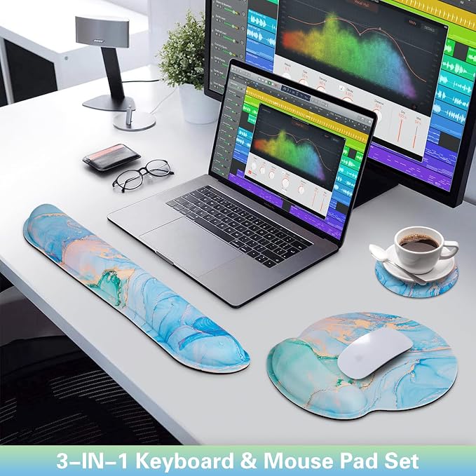 Mouse Pad Blue, 3-in-1 Mouse Pad with Wrist Rest for Keyboard and Mouse | Gaming Mousepad with Anti-Skid Base,Ergonomic Memory Foam Keyboard Gel Wrist Rest, Office Desk Accessories for Women